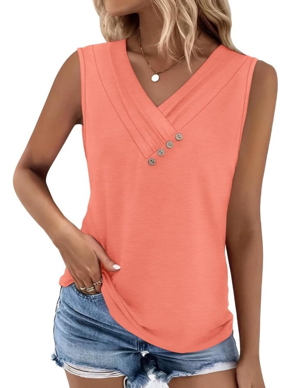 Women's Pink Sleeveless Summer Tank Top Casual V Neck Loose Fit Pleated Button